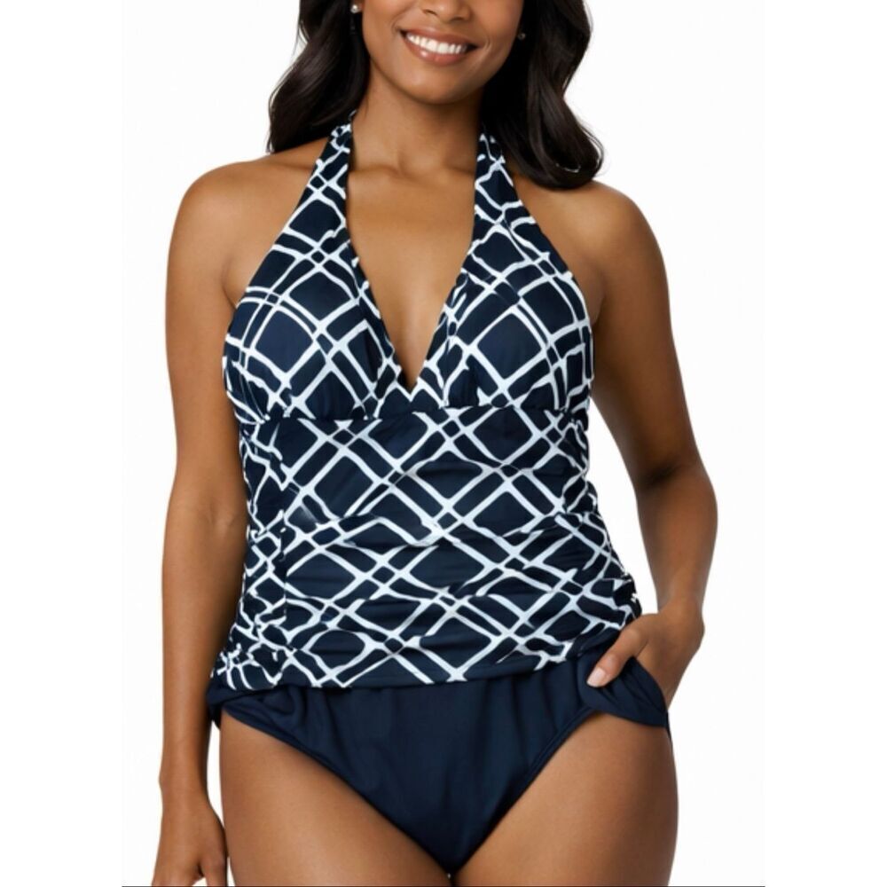 La Blanca black and white geometric ruched side halter one piece size 8